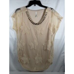 Minimi USA Beige Mesh Floral Beaded Embroidered Scoop Neck Short Sleeve Blouse